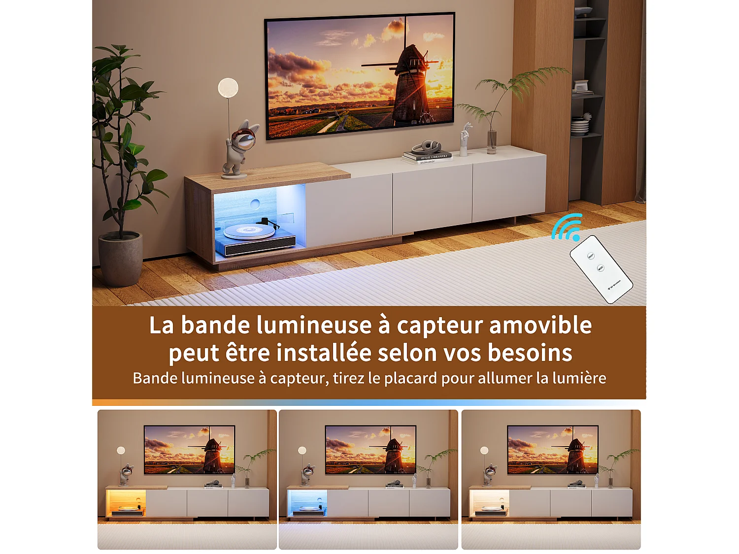 Meuble TV LED - avec 3 tiroirs - bois - blanc - 240 × 38 × 44 cm