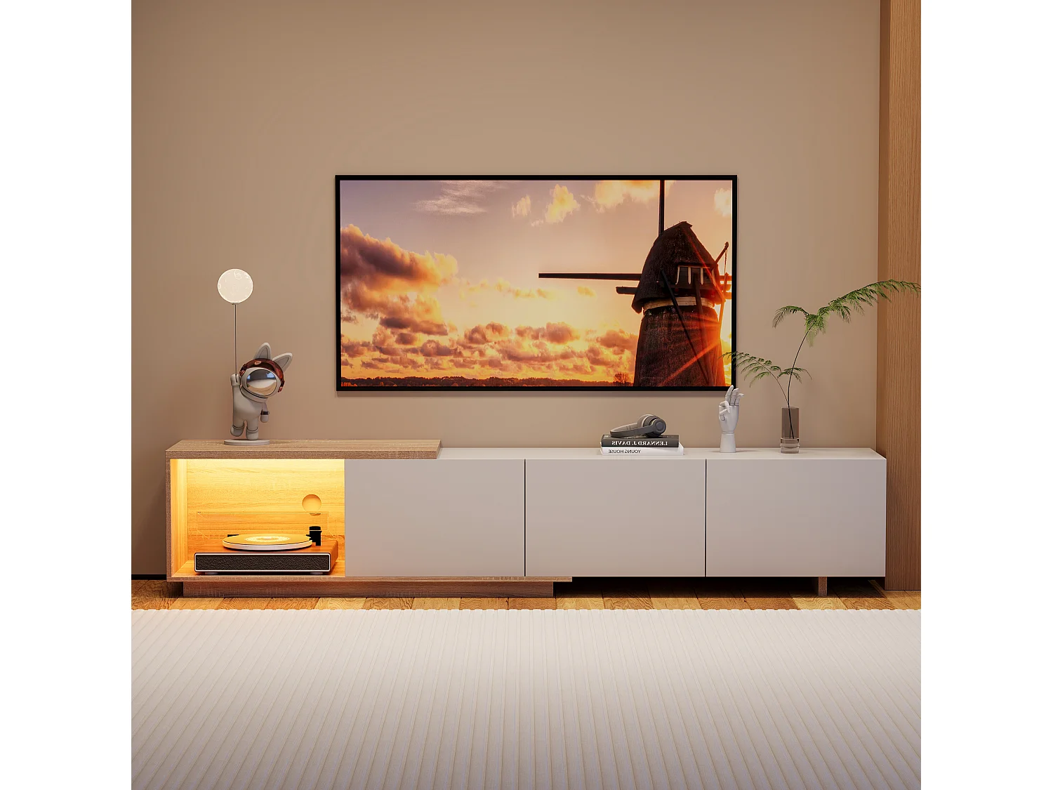 Meuble TV LED - avec 3 tiroirs - bois - blanc - 240 × 38 × 44 cm