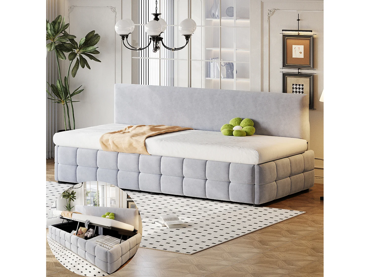 Canapé-lit capitonné 90 x 200 cm - avec rangement hydraulique -  dossier sans accoudoirs - lit simple - velours - Gris clair