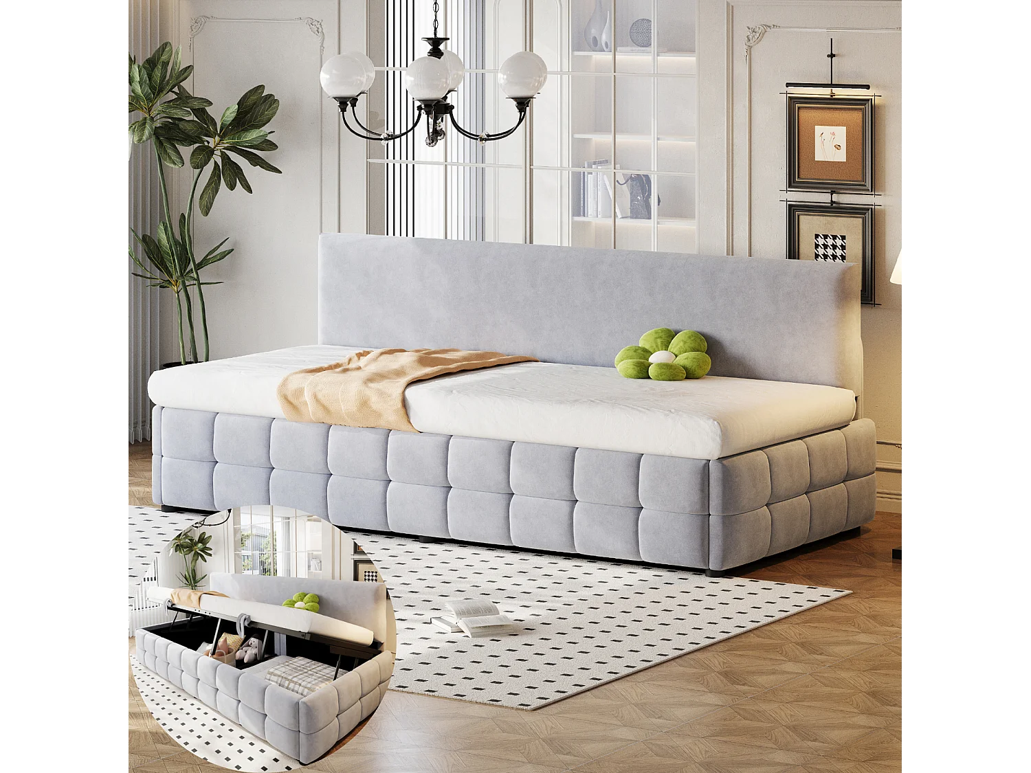 Canapé-lit capitonné 90 x 200 cm - avec rangement hydraulique -  dossier sans accoudoirs - lit simple - velours - Gris clair