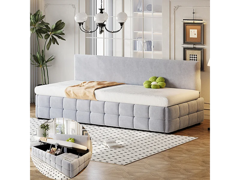 Sofá cama tapizado 90 x 200 cm - con almacenaje hidráulico - respaldo sin brazos - cama individual - terciopelo - gris claro