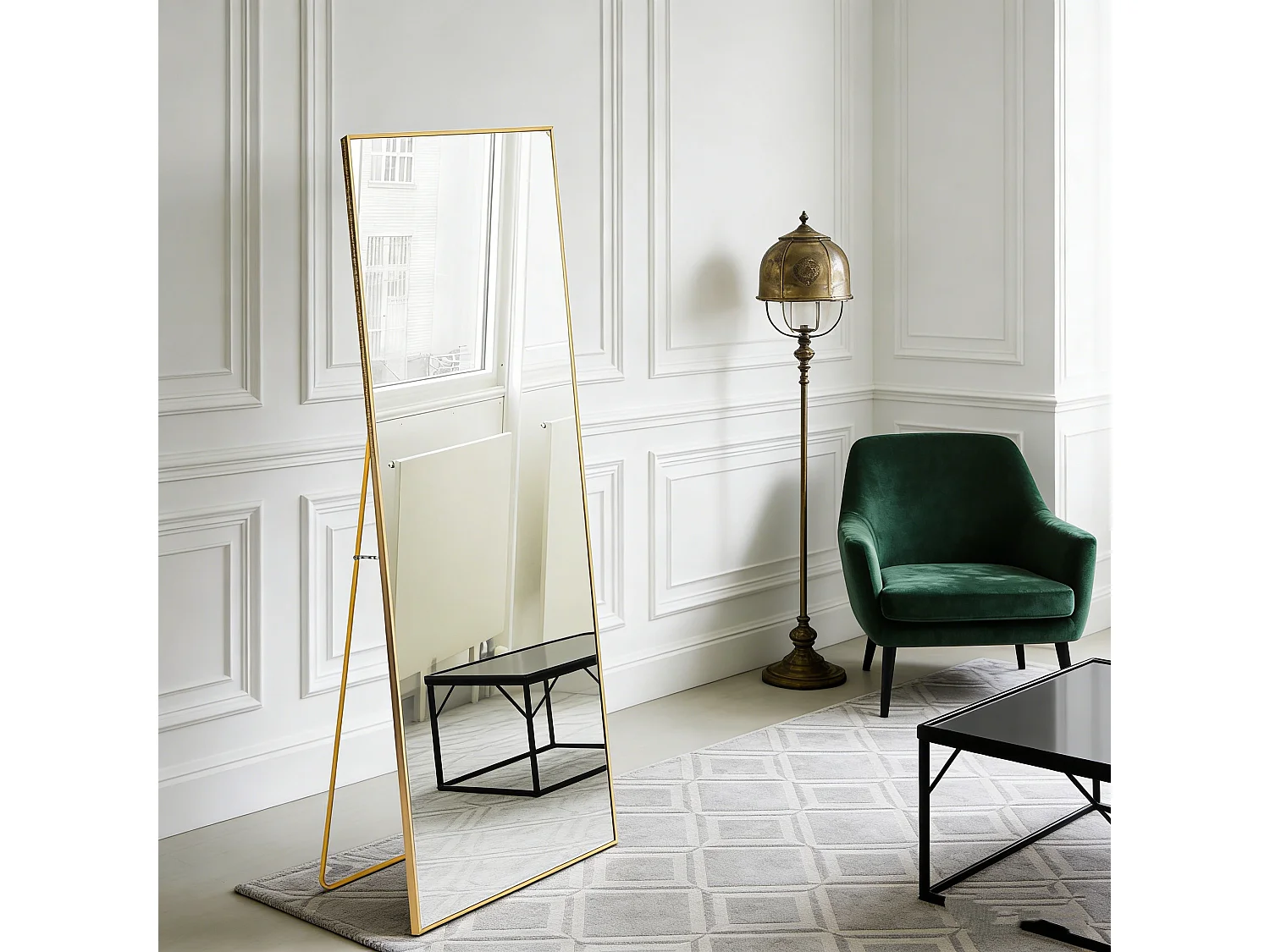 Miroir sur pied 150 x 40 cm, cadre en alliage d'aluminium de haute qualité, fixation murale et orientable, or