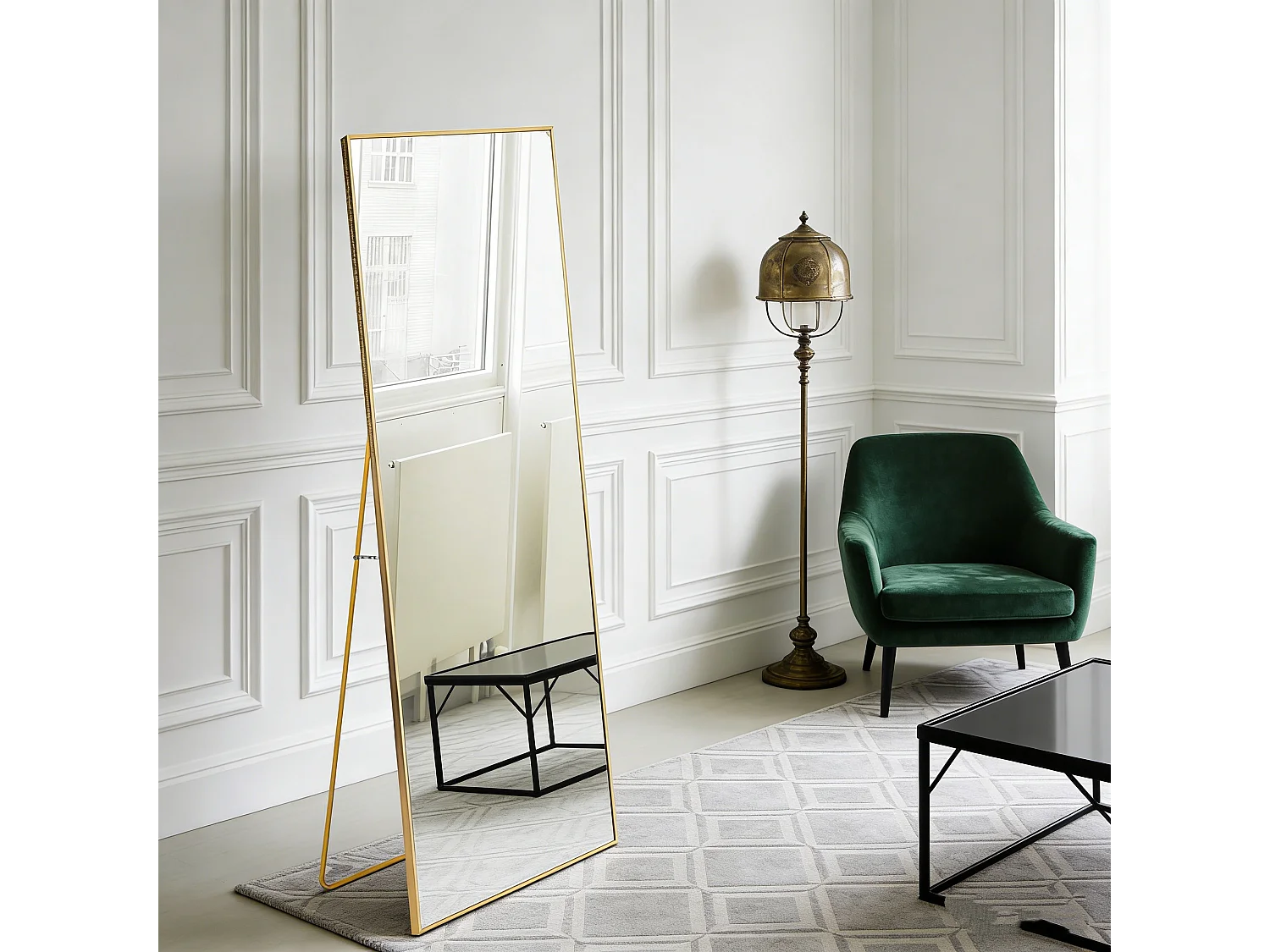 Miroir sur pied 150 x 40 cm, cadre en alliage d'aluminium de haute qualité, fixation murale et orientable, or