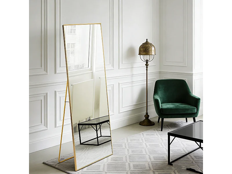 Miroir sur pied 150 x 40 cm, cadre en alliage d'aluminium de haute qualité, fixation murale et orientable, or