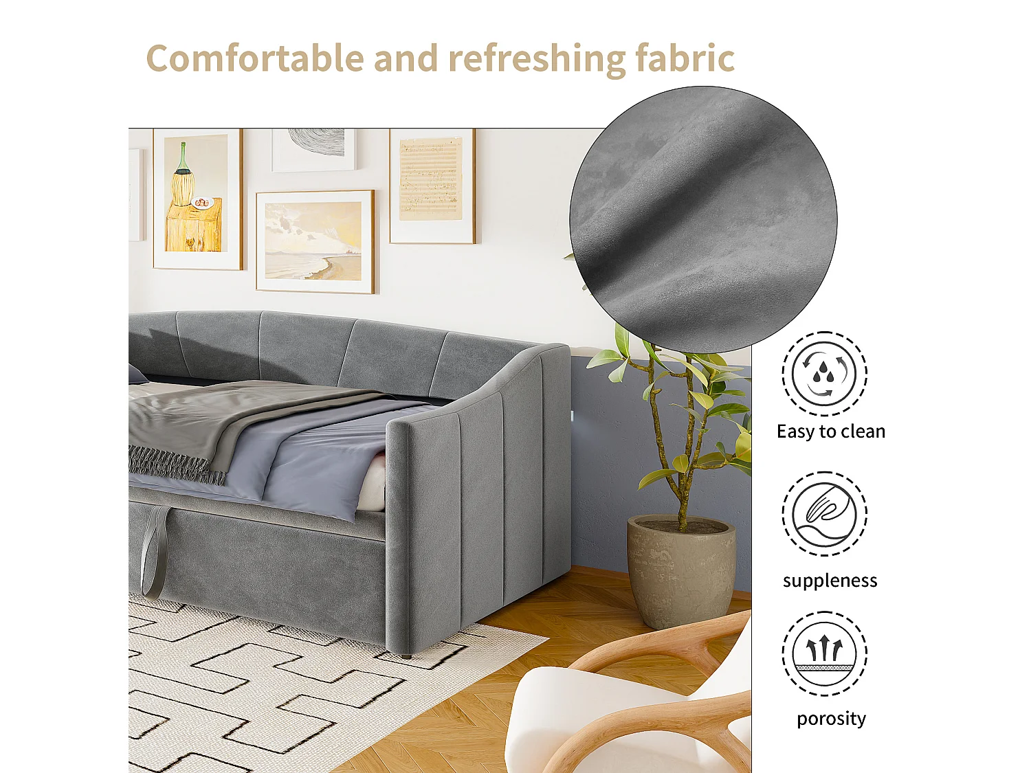 Lit gigogne 90 x 200 cm - velours - gris - Canapé-lit extensible avec sommiers à lattes - style scandinave