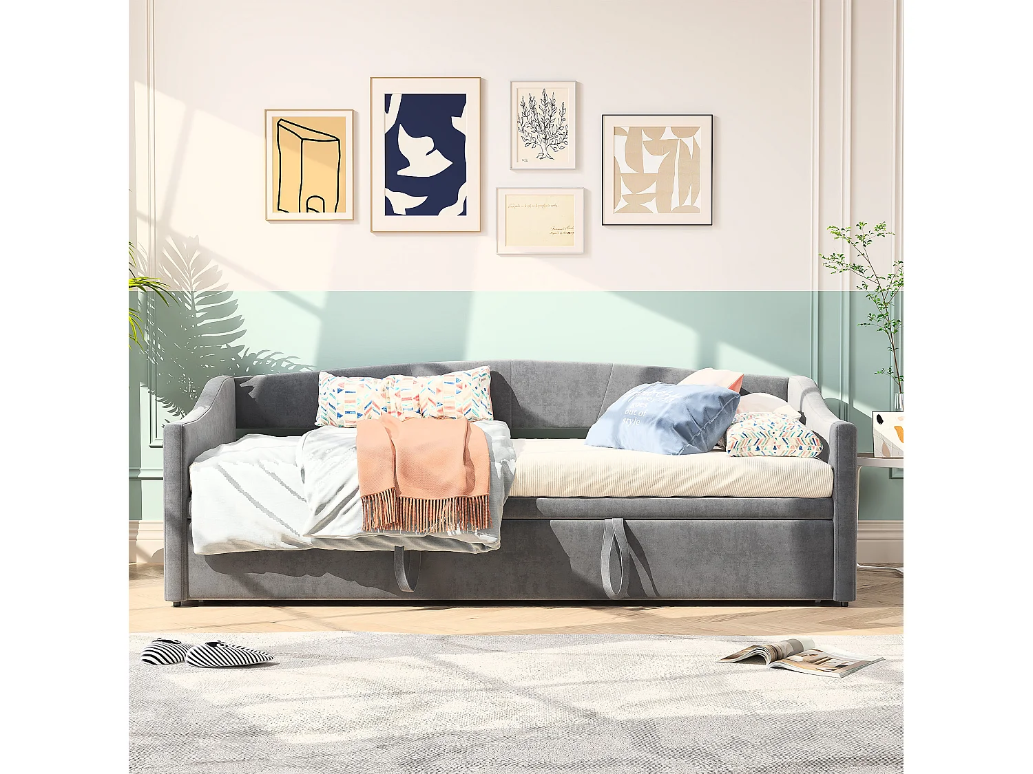 Uitschuifbaar bed 90 x 200 cm - fluweel - grijs - Uitschuifbare slaapbank met lattenbodem - Scandinavische stijl
