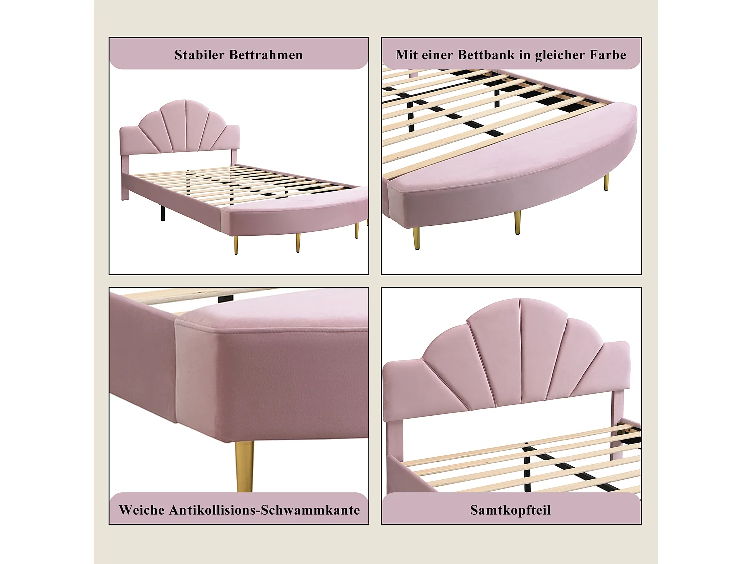 Lit double 140x200 cm - livré avec repose-pieds et sommier à lattes assortis - velours - rose