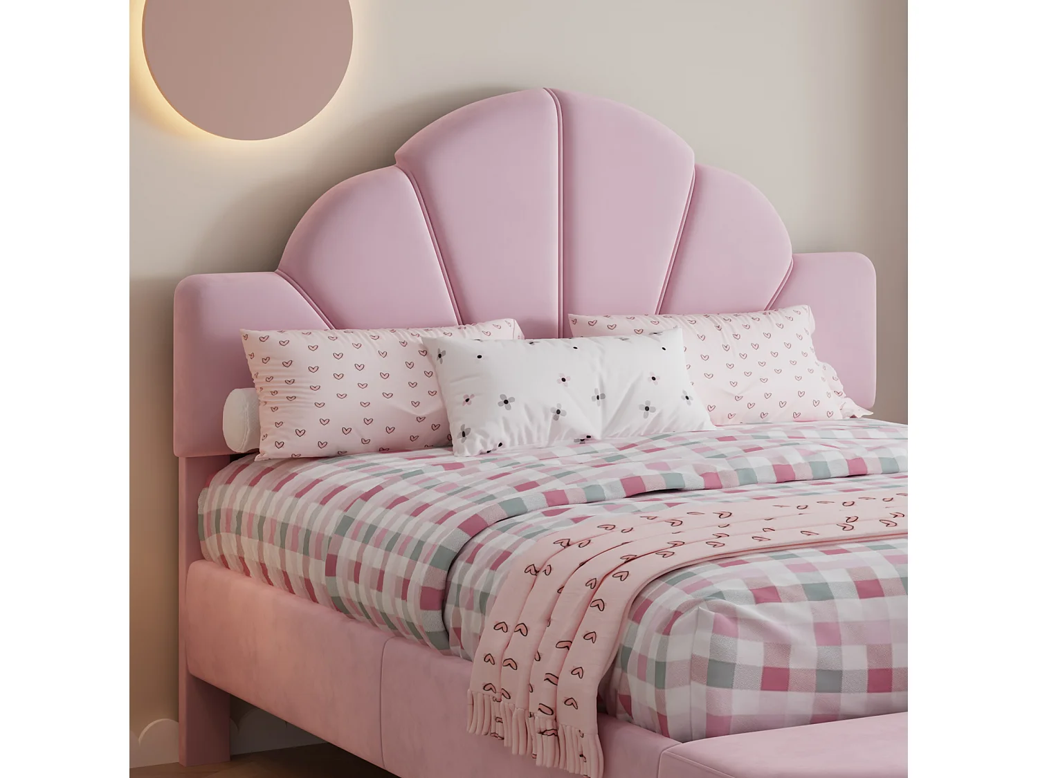 Lit double 140x200 cm - livré avec repose-pieds et sommier à lattes assortis - velours - rose