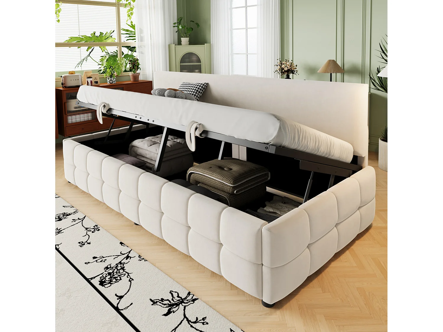 Canapé-lit capitonné 90 x 200 cm - avec rangement hydraulique -  dossier sans accoudoirs - lit simple - velours - beige