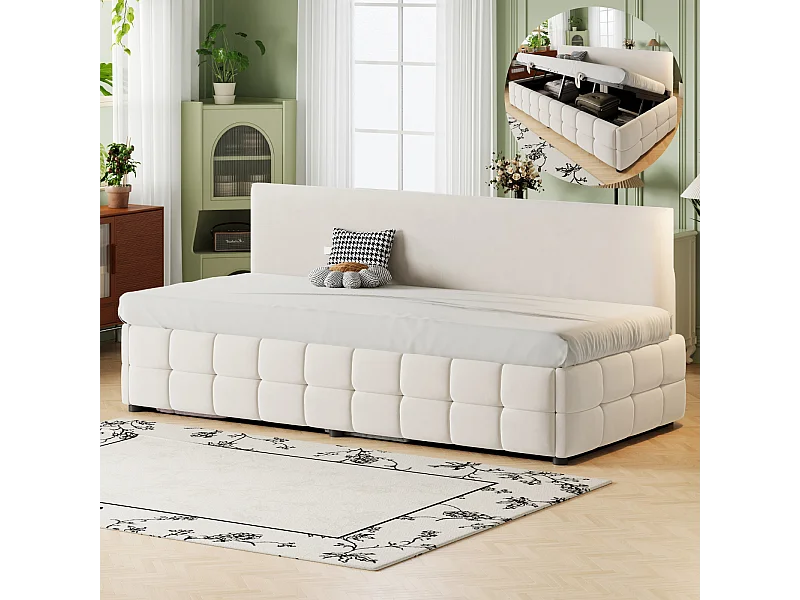 Sofá cama tapizado 90 x 200 cm - con almacenaje hidráulico - respaldo sin brazos - cama individual - terciopelo - beige