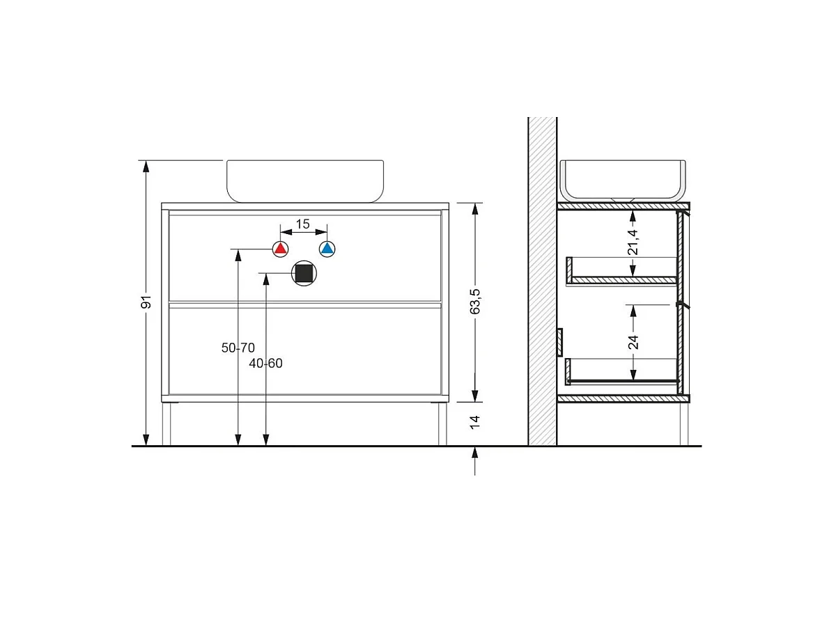 Meuble 92cm 2 tiroirs avec vasque aspect bois noir - TERAS