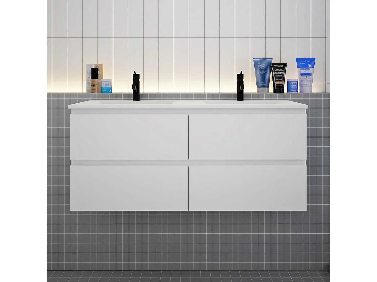 Mobile bagno 120cm con quattro cassetti e doppio lavabo incassato, sospeso, bianco