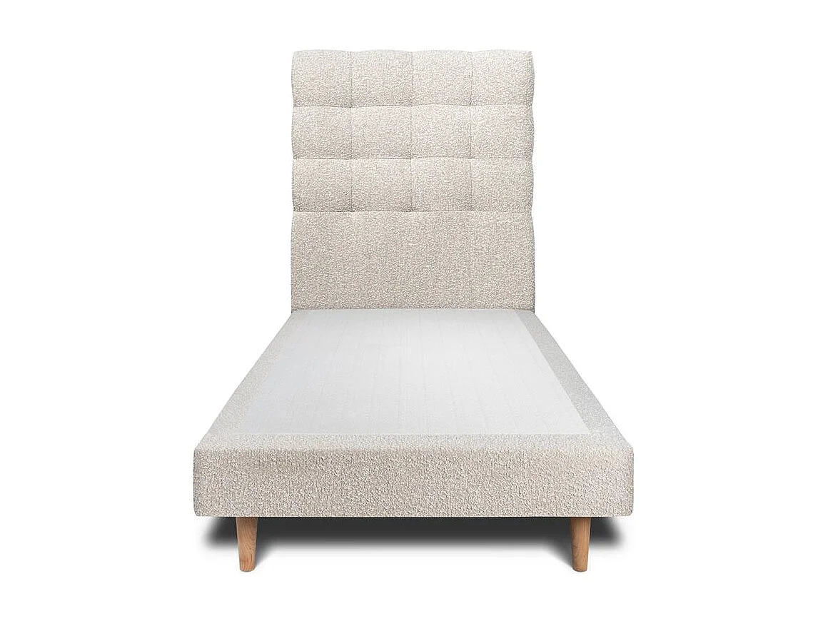 Lit 90x190cm avec tête de lit capitonnée bouclette et sommier tapissier beige - Hauteur totale : 29cm