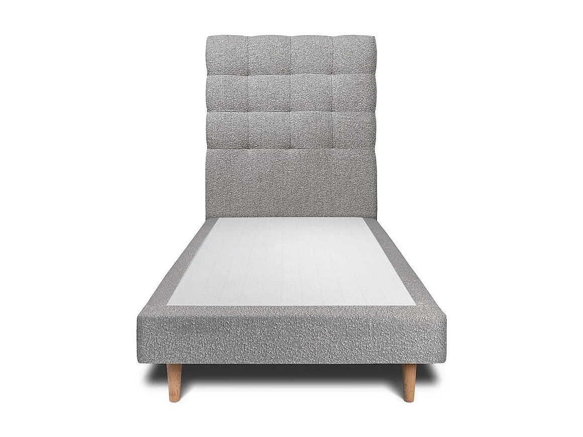 Lit 90x200cm avec tête de lit capitonnée bouclette et sommier tapissier gris - Hauteur totale : 29cm