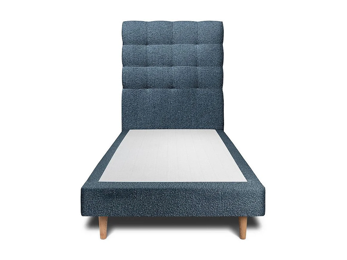 Lit 90x190cm avec tête de lit capitonnée bouclette et sommier tapissier Bleu - Hauteur totale : 29cm