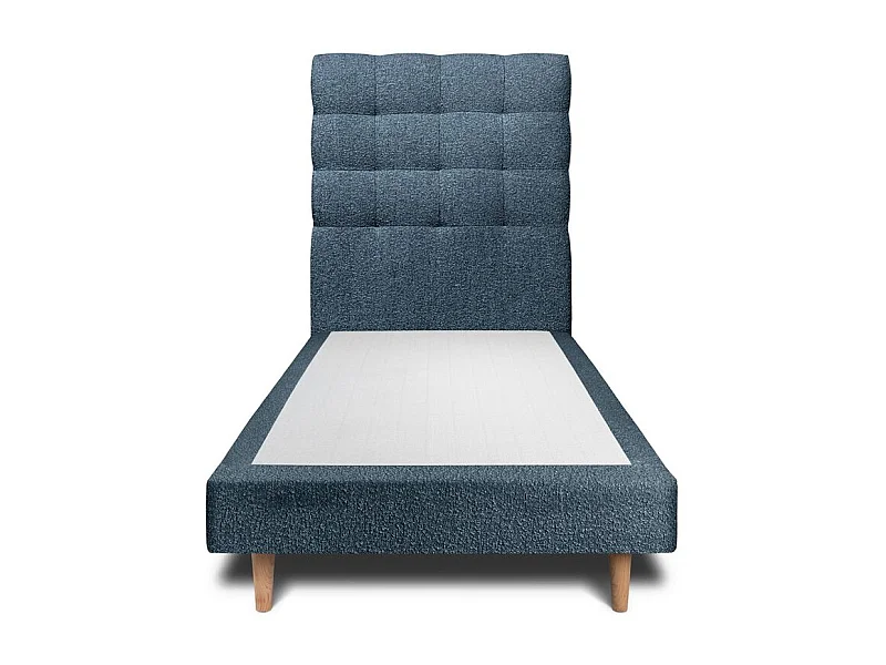Lit 90x190cm avec tête de lit capitonnée bouclette et sommier tapissier Bleu - Hauteur totale : 29cm
