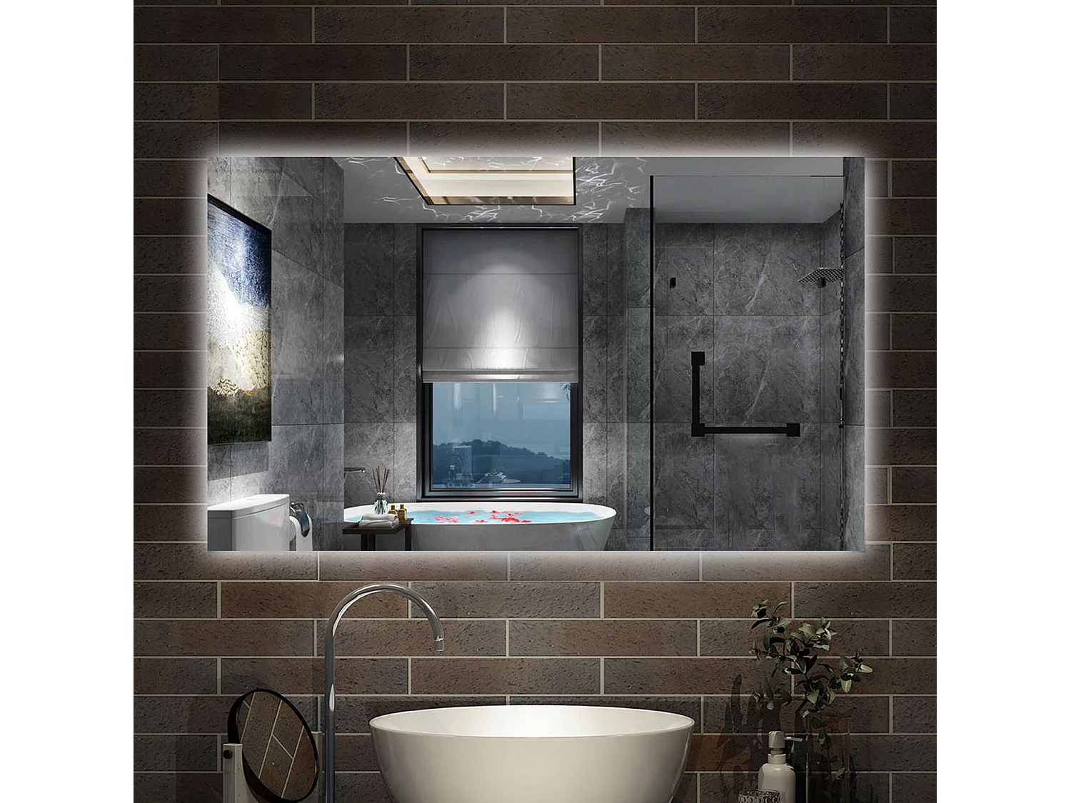 Specchio bagno Rettangolare 100x60 cm con led. Dimmerabile + Touch Control + Bordo non sabbiato + IP44