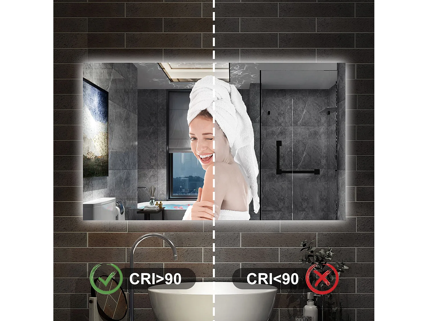 Specchio bagno Rettangolare 100x60 cm con led. Dimmerabile + Touch Control + Bordo non sabbiato + IP44