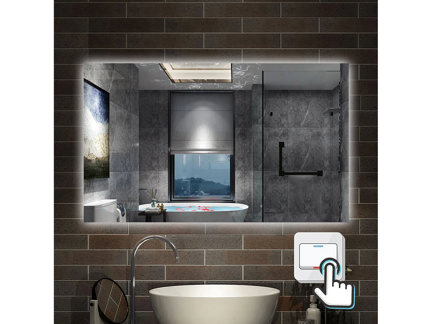 Specchio bagno Rettangolare 100x60 cm con led. Dimmerabile + Touch Control + Bordo non sabbiato + IP44