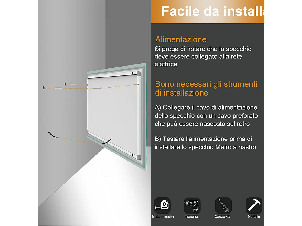 Specchio bagno Rettangolare 100x60 cm con led. Dimmerabile + Touch Control + Bordo non sabbiato + IP44