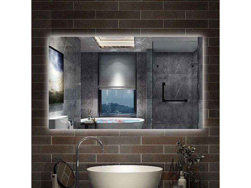 Specchio bagno Rettangolare 100x60 cm con led. Dimmerabile + Touch Control + Bordo non sabbiato + IP44
