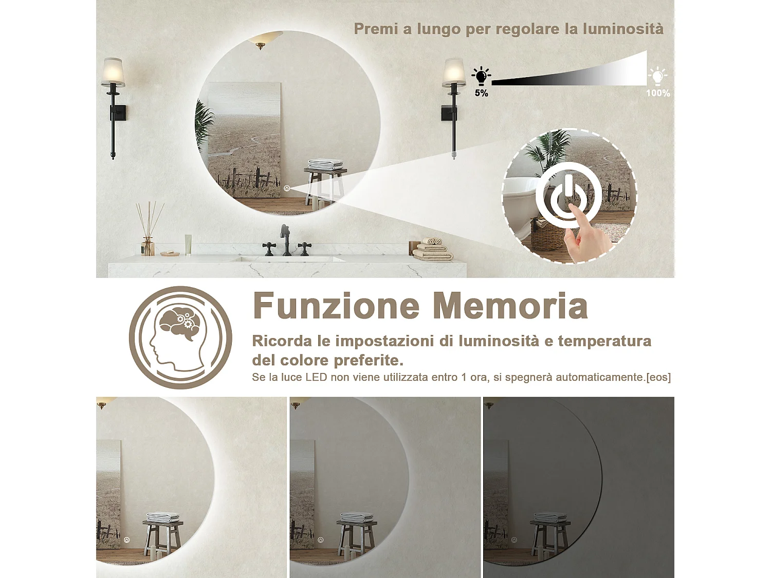 Specchio bagno tondo 60 cm con led. Dimmerabile + Touch Control + Bordo non sabbiato + IP44