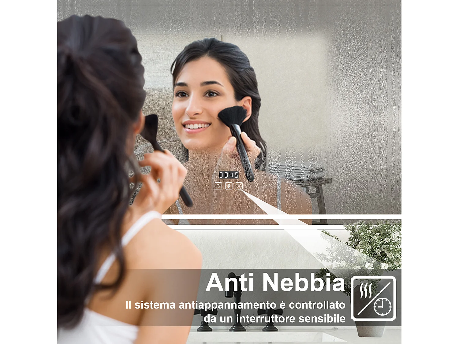 Specchio Luminoso da Bagno 120x70cm con Bluetooth, 3 Luci LED, Regolabile, Lente d'Ingrandimento, Orologio, Anti-Appannamento e Memoria