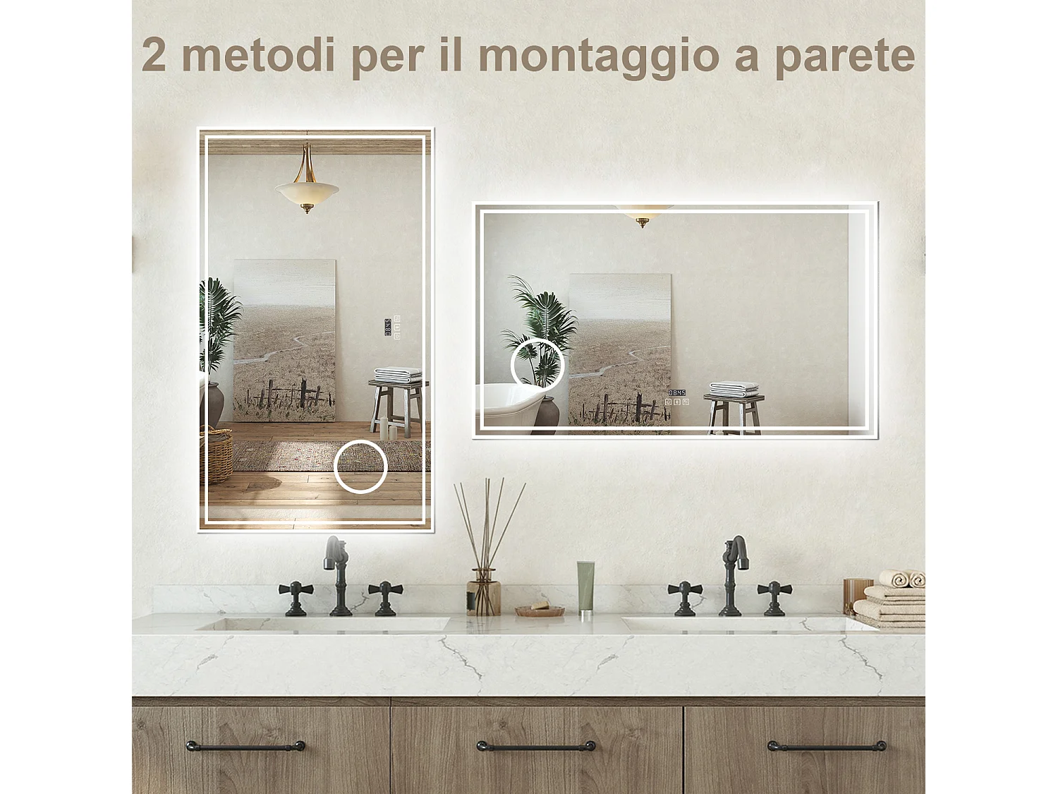 Specchio Luminoso da Bagno 120x70cm con Bluetooth, 3 Luci LED, Regolabile, Lente d'Ingrandimento, Orologio, Anti-Appannamento e Memoria