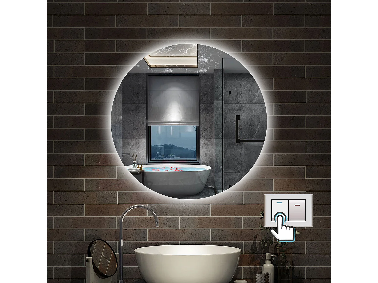 Specchio bagno Rotondo 80 cm con led. Dimmerabile + Touch Control + Bordo non sabbiato + IP44