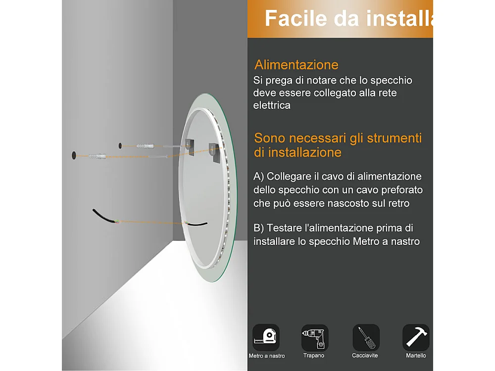 Specchio bagno Rotondo 80 cm con led. Dimmerabile + Touch Control + Bordo non sabbiato + IP44