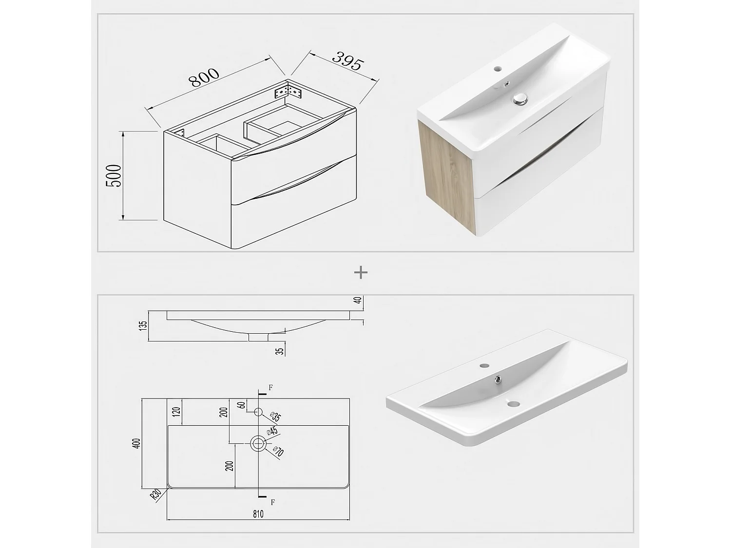 AICA Mobile da bagno, 80x50x39,5 cm, pannello in MDF, colore bianco + rovere, con lavabo bianco, da assemblare per l'uso
