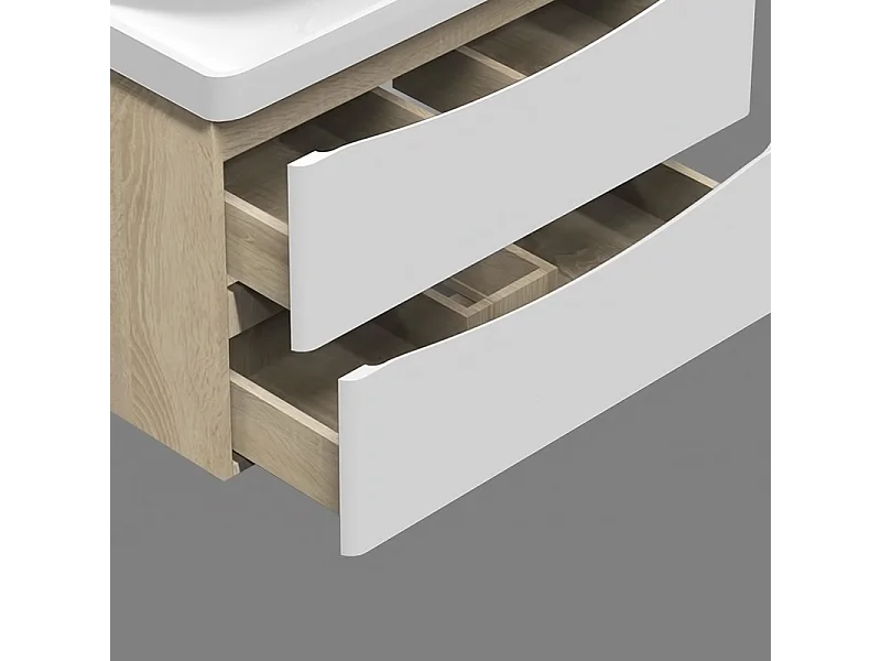 AICA Mobile da bagno, 80x50x39,5 cm, pannello in MDF, colore bianco + rovere, con lavabo bianco, da assemblare per l'uso