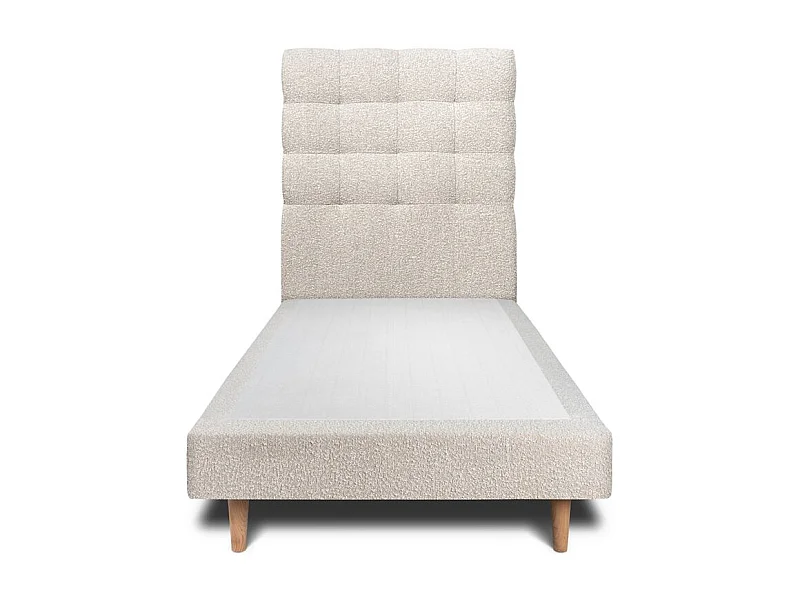 Lit 90x200cm avec tête de lit capitonnée bouclette et sommier tapissier beige - Hauteur totale : 29cm