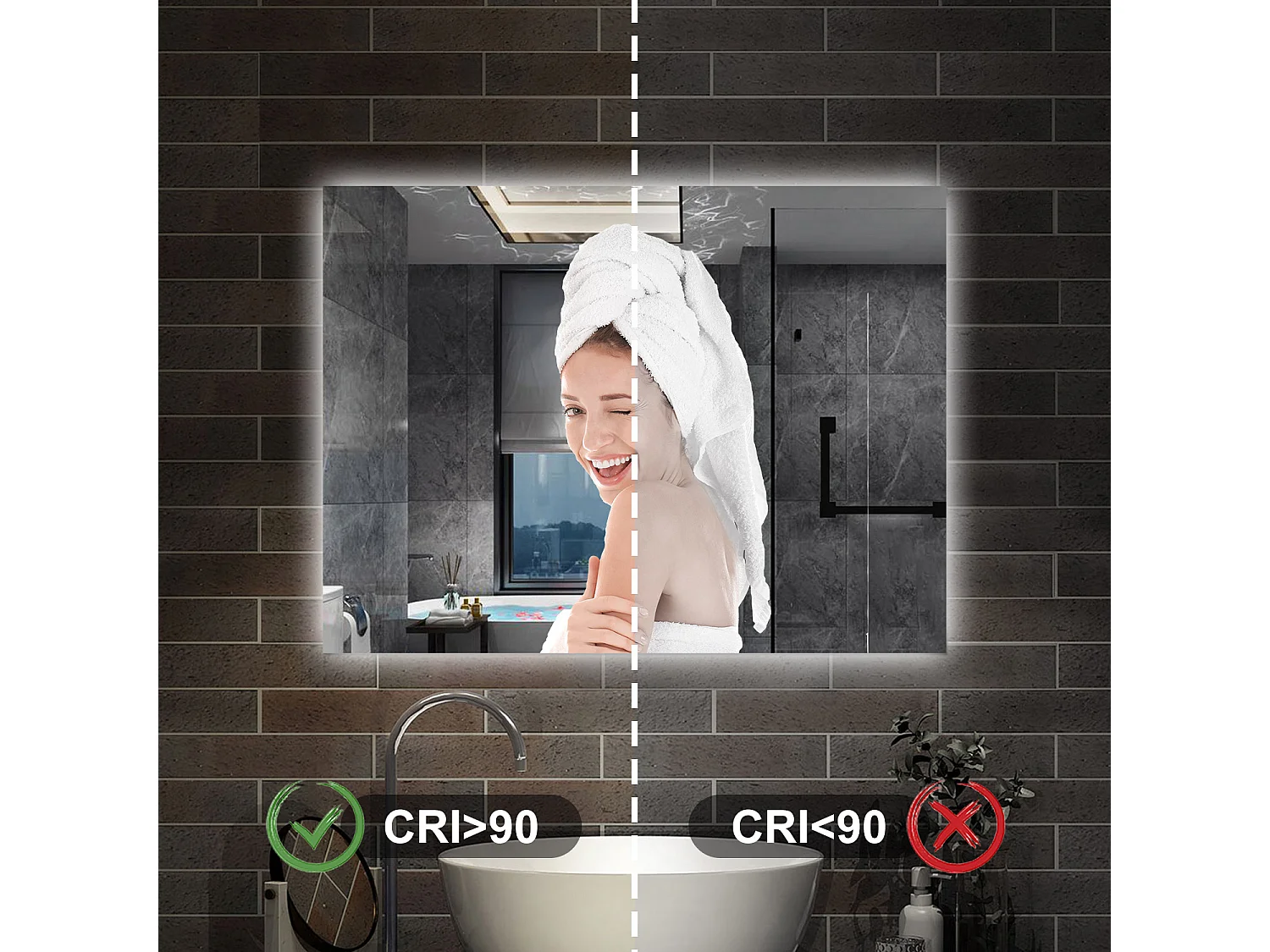 Specchio bagno Rettangolare 80x60 cm con led. Dimmerabile + Touch Control + Bordo non sabbiato + IP44