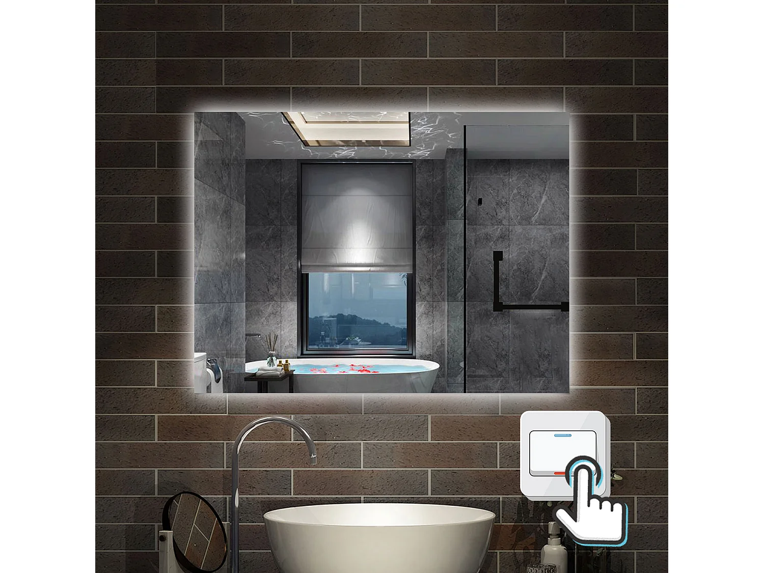 Specchio bagno Rettangolare 80x60 cm con led. Dimmerabile + Touch Control + Bordo non sabbiato + IP44