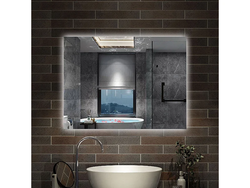 Specchio bagno Rettangolare 80x60 cm con led. Dimmerabile + Touch Control + Bordo non sabbiato + IP44