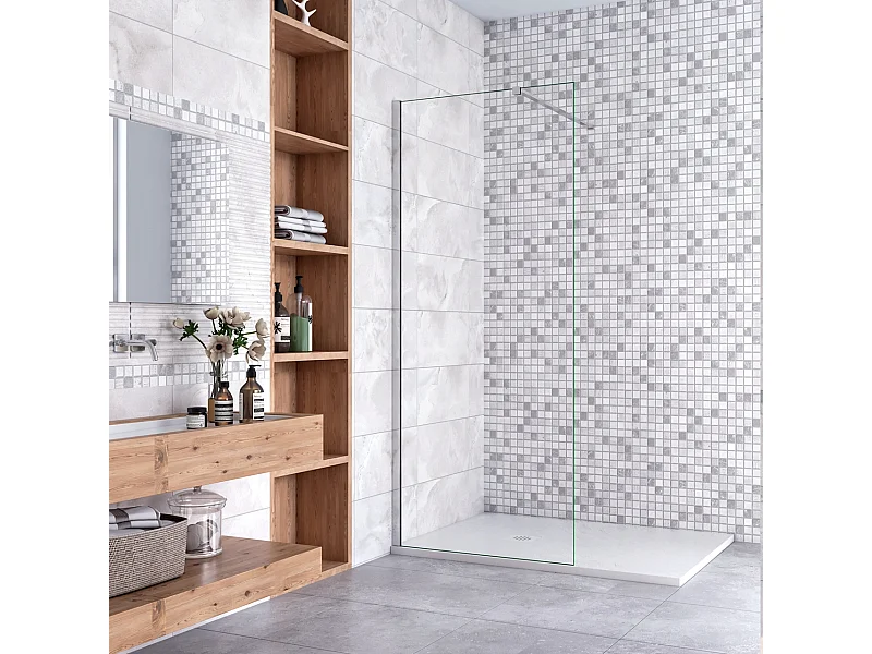 Walk In Parete per Doccia Vetro Temperato 8mm Anticalcare Trasparente inclusa Barra Stabilizzatrice da 90 cm Tagliabile 100x190cm