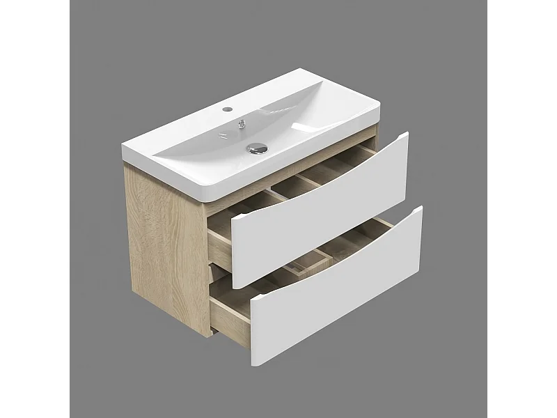 AICA Mobile da bagno 80x50x39,5 cm, pannelli in MDF bianchi e color rovere, con lavabo bianco, montato e pronto all'uso