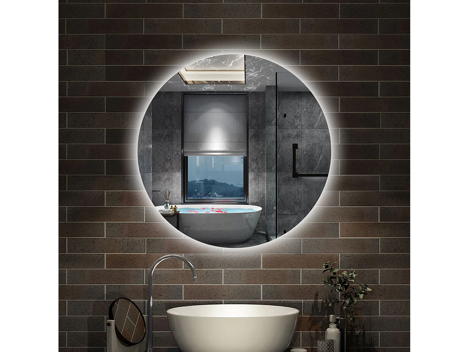 Specchio bagno tondo 90 cm con led. Dimmerabile + Touch Control + Bordo non sabbiato + IP44