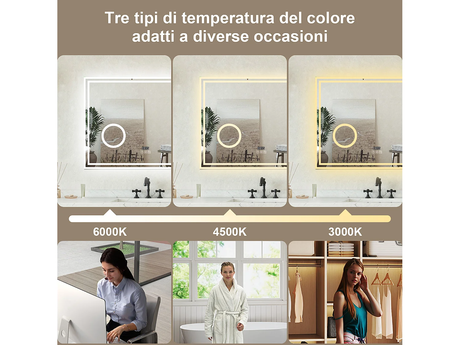 Specchio Luminoso da Bagno 80x60cm con Bluetooth, 3 Luci LED, Regolabile, Lente d'Ingrandimento, Orologio, Anti-Appannamento e Memoria