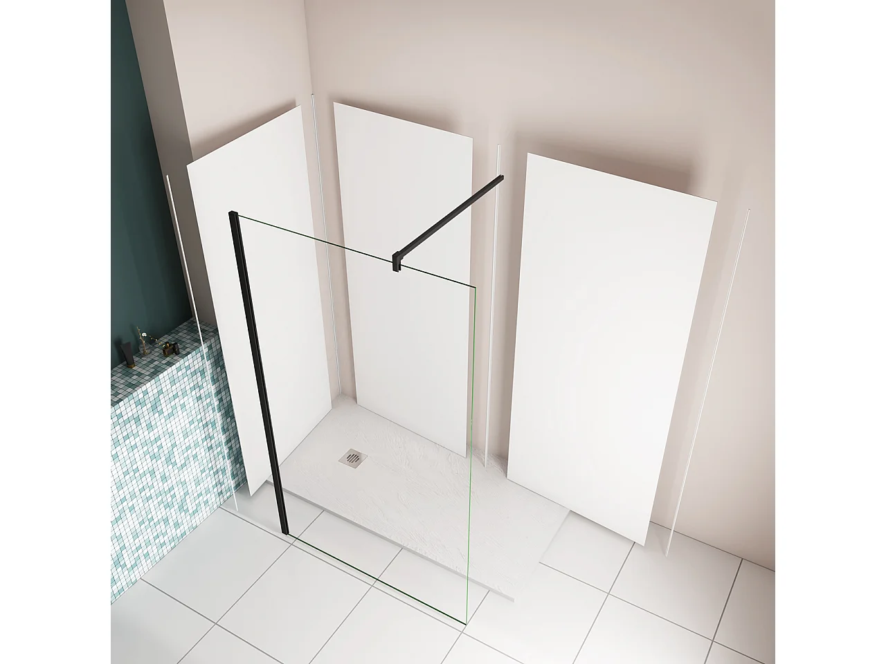 H.210 cm Pannello Doccia ad Angolo 140x40 cm Realizzato in Alluminio da 3 mm con Profili Finitura Bianco Opaco per Rivestimento Parete Bagno