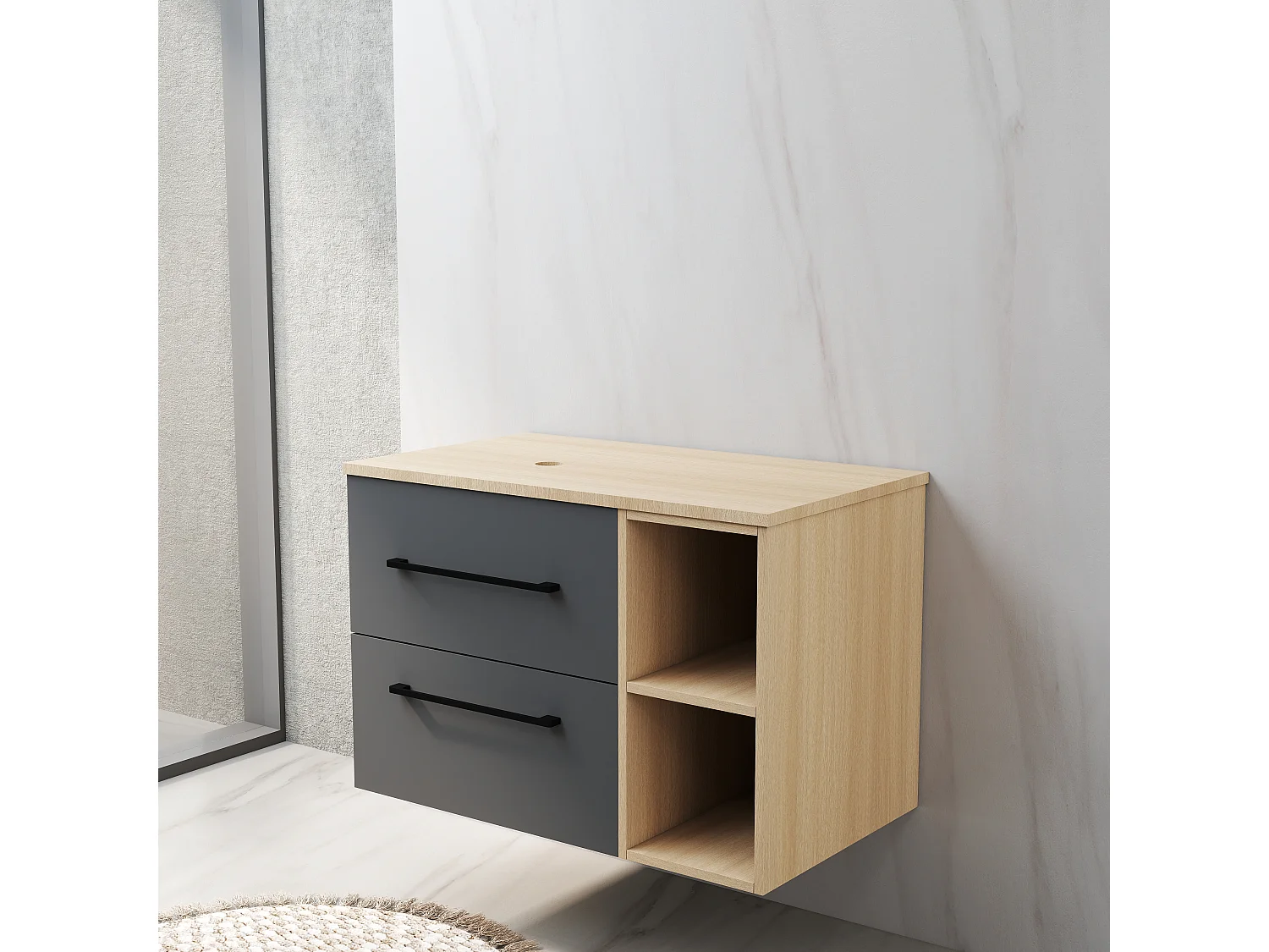 Mobile bagno a due cassetti 79cm senza lavabo, sospeso, finitura rovere, con ripiani aperti