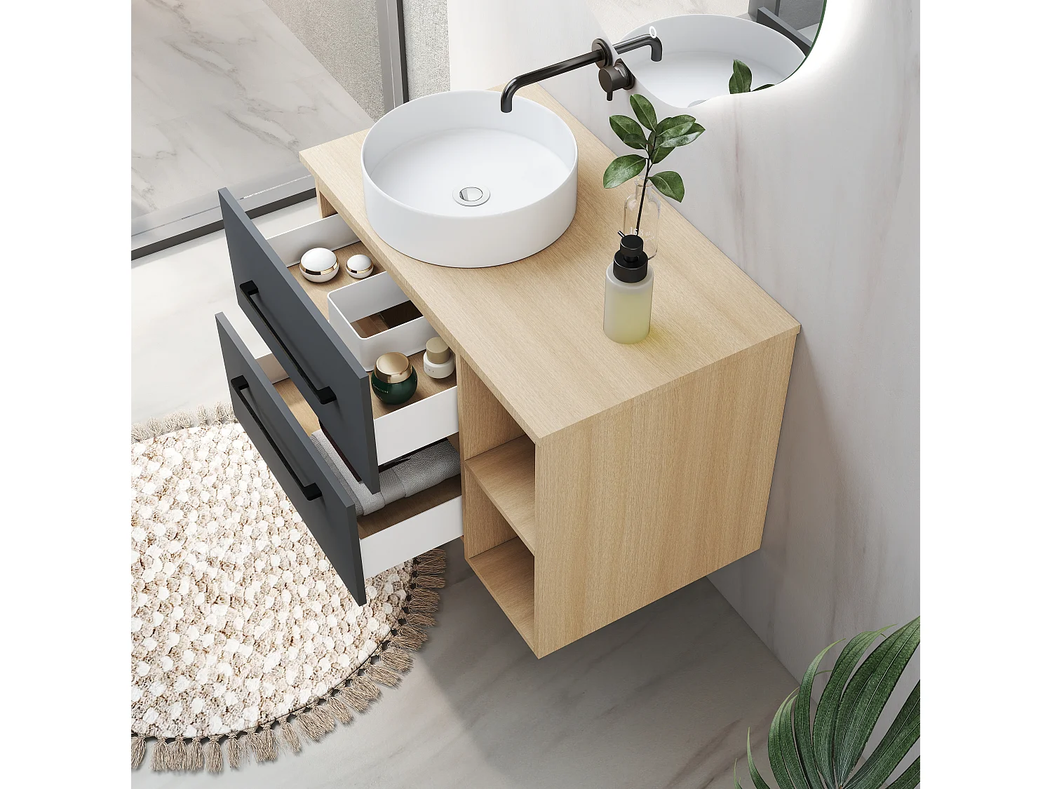 Mobile bagno a due cassetti 79cm senza lavabo, sospeso, finitura rovere, con ripiani aperti