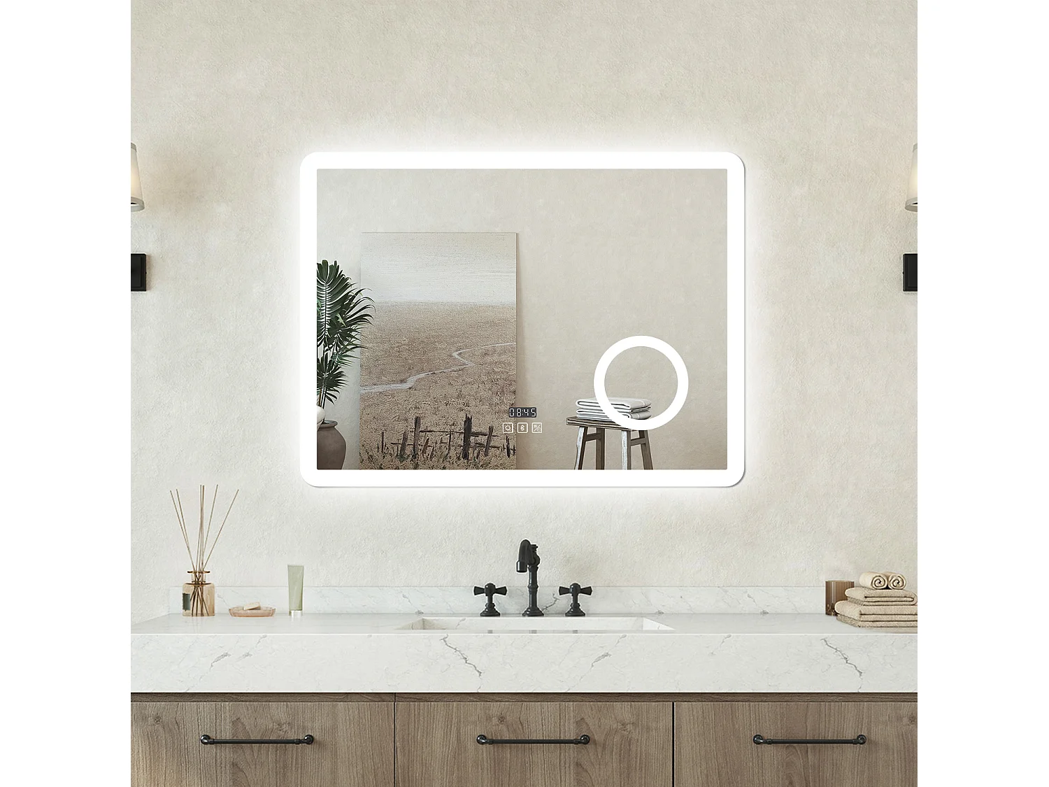 Specchio luminoso Orologio + lente d'ingrandimento + bluetooth + luce tricolore + anti-appannamento 80x60cm bagno regolabile, memoria, touch, LED
