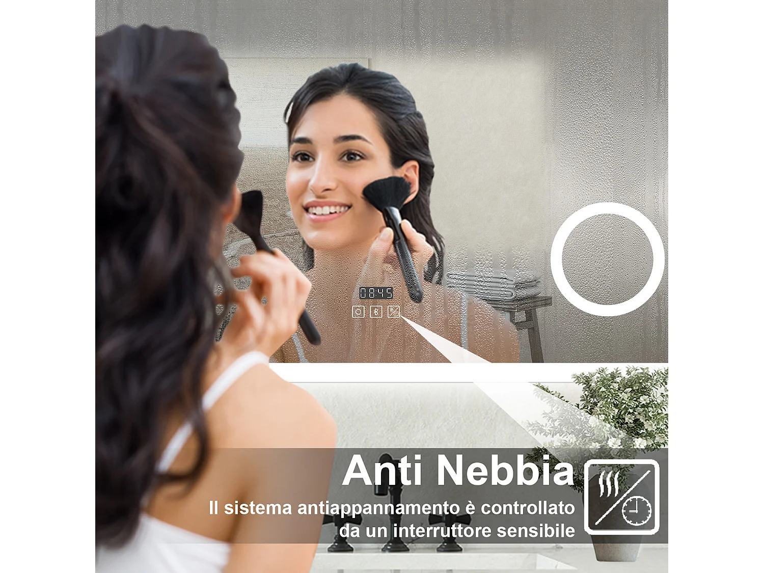 Specchio luminoso Orologio + lente d'ingrandimento + bluetooth + luce tricolore + anti-appannamento 80x60cm bagno regolabile, memoria, touch, LED