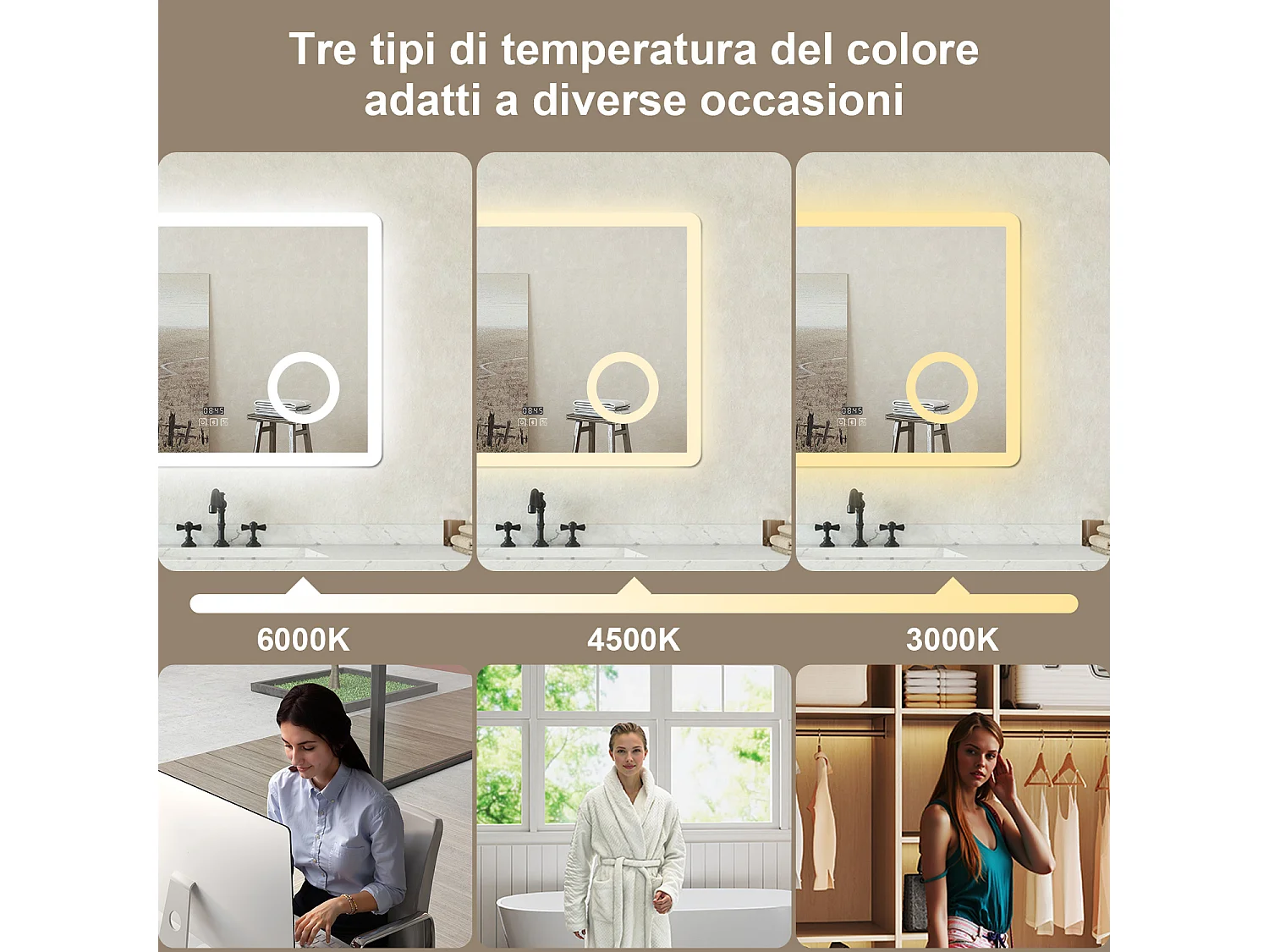 Specchio luminoso Orologio + lente d'ingrandimento + bluetooth + luce tricolore + anti-appannamento 80x60cm bagno regolabile, memoria, touch, LED