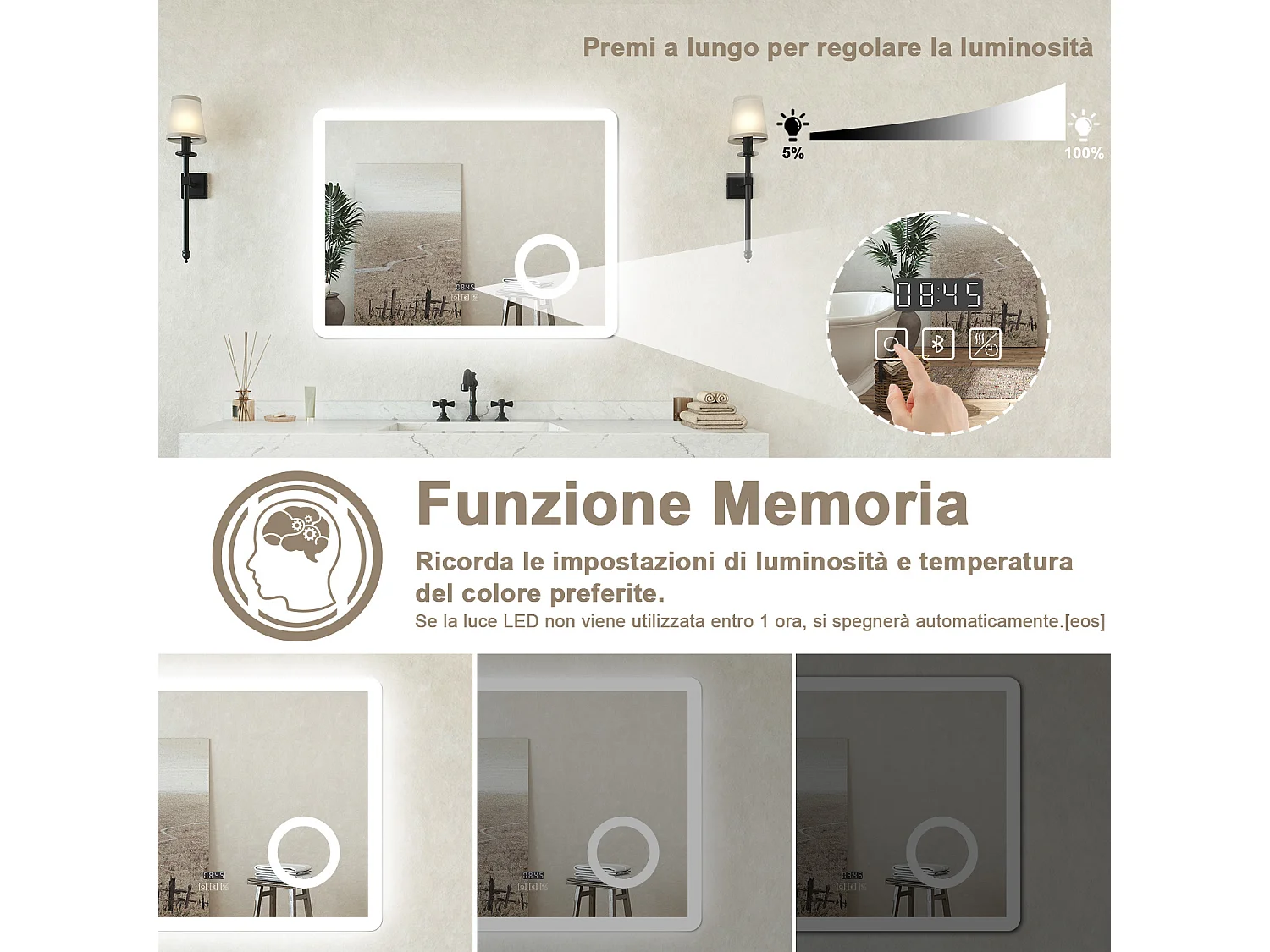 Specchio luminoso Orologio + lente d'ingrandimento + bluetooth + luce tricolore + anti-appannamento 80x60cm bagno regolabile, memoria, touch, LED