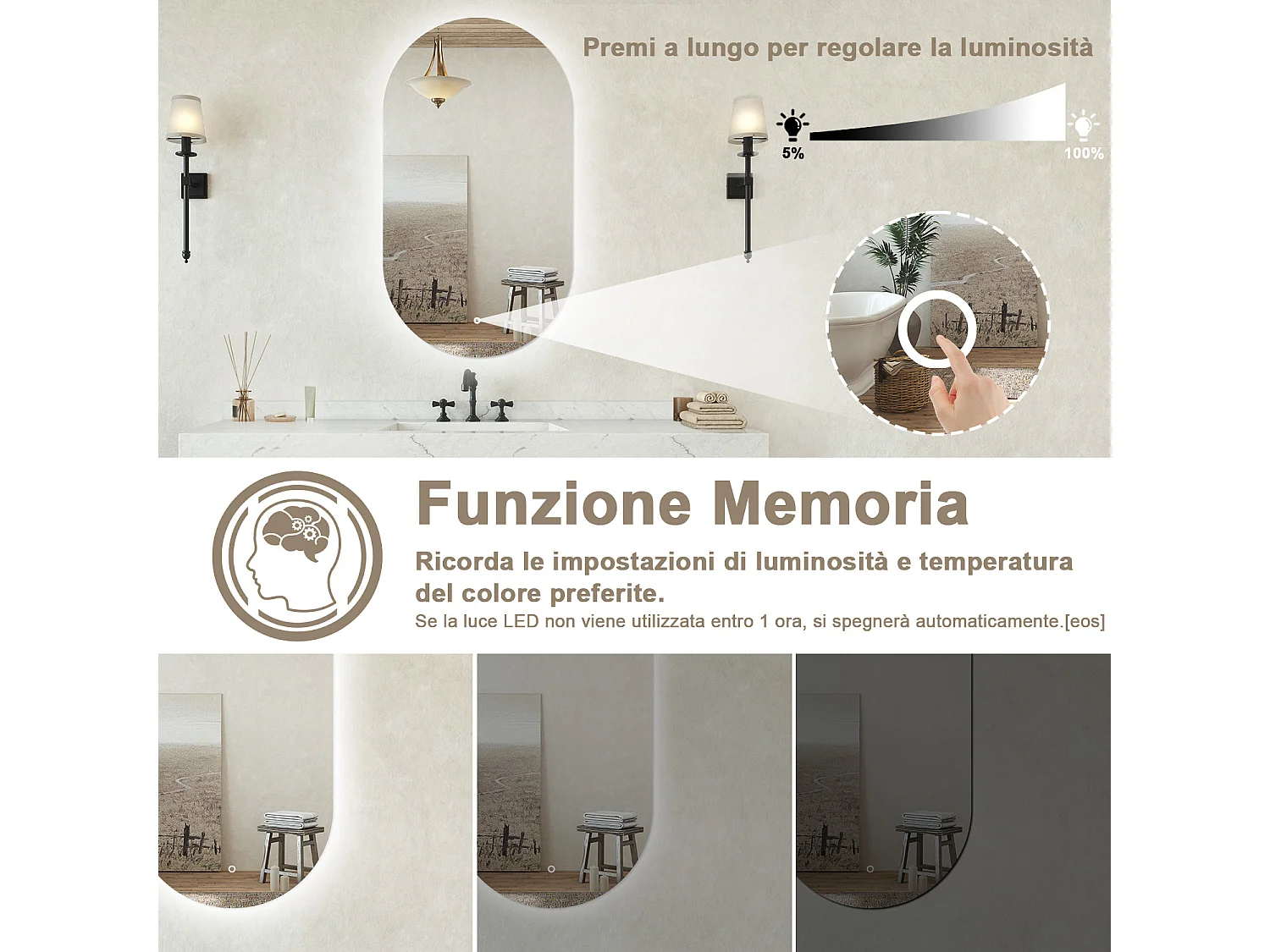 Specchio bagno ovale 45x75 cm con led. Dimmerabile + Touch Control + Bordo non sabbiato + IP44