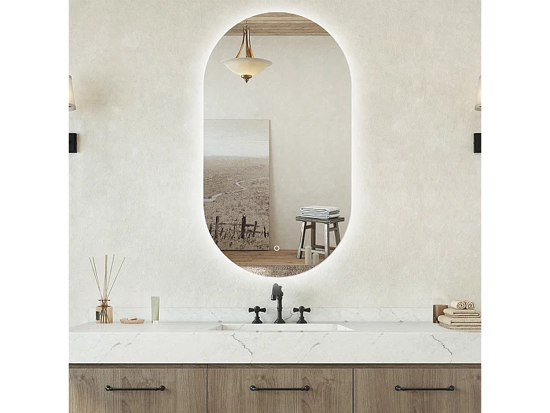 Specchio bagno ovale 45x75 cm con led. Dimmerabile + Touch Control + Bordo non sabbiato + IP44