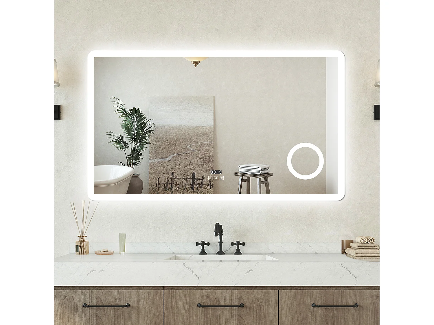 Specchio luminoso Orologio + lente d'ingrandimento + bluetooth + luce tricolore + anti-appannamento 120x70cm bagno regolabile, memoria, touch, LED